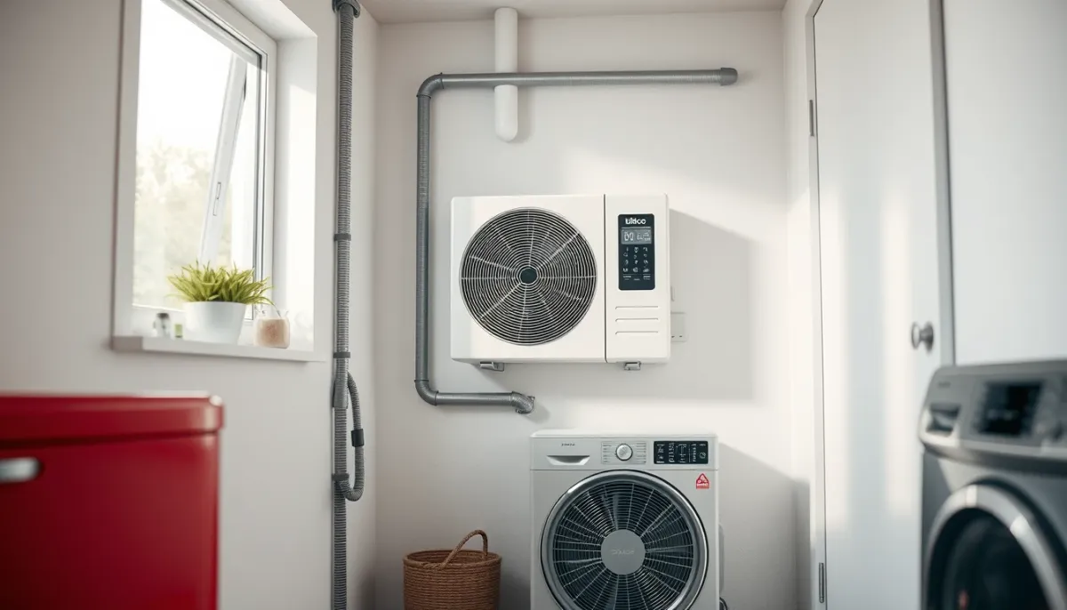 Module intérieur d'une PAC bibloc installé dans une buanderie moderne