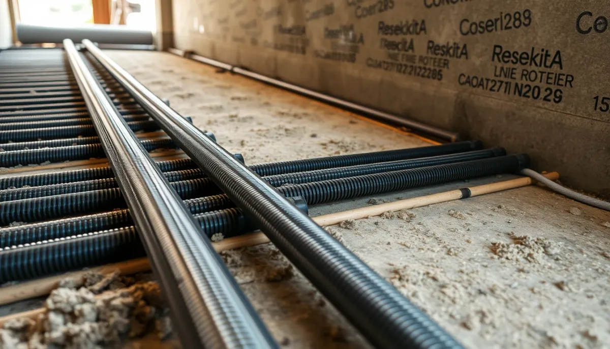 Installation de plancher chauffant hydraulique avec tubes PER avant coulage de la dalle