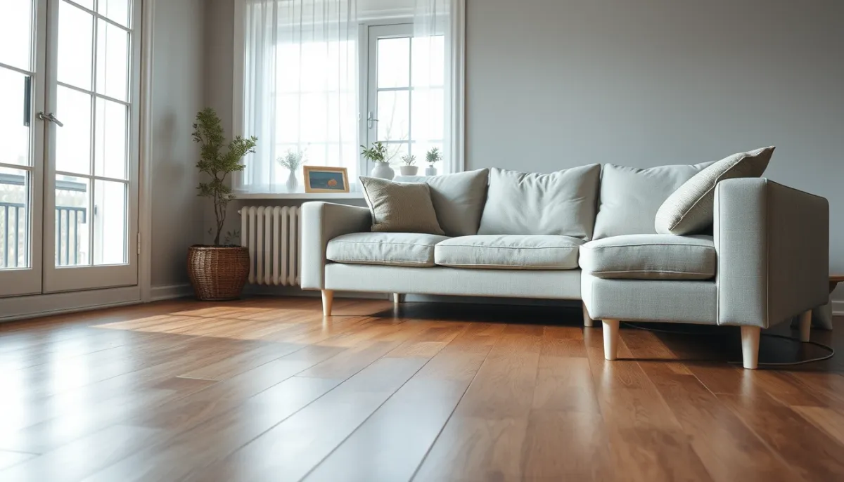 Salon confortable avec plancher chauffant diffusant une chaleur douce et homogène
