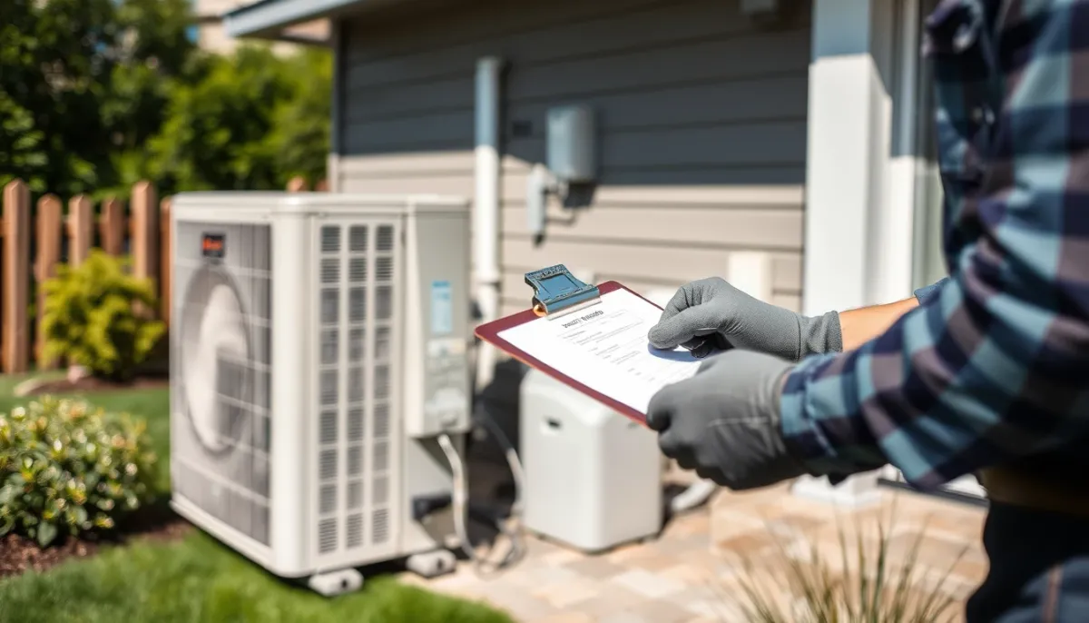 Technicien vérifiant l'installation d'une pompe à chaleur air/eau en extérieur