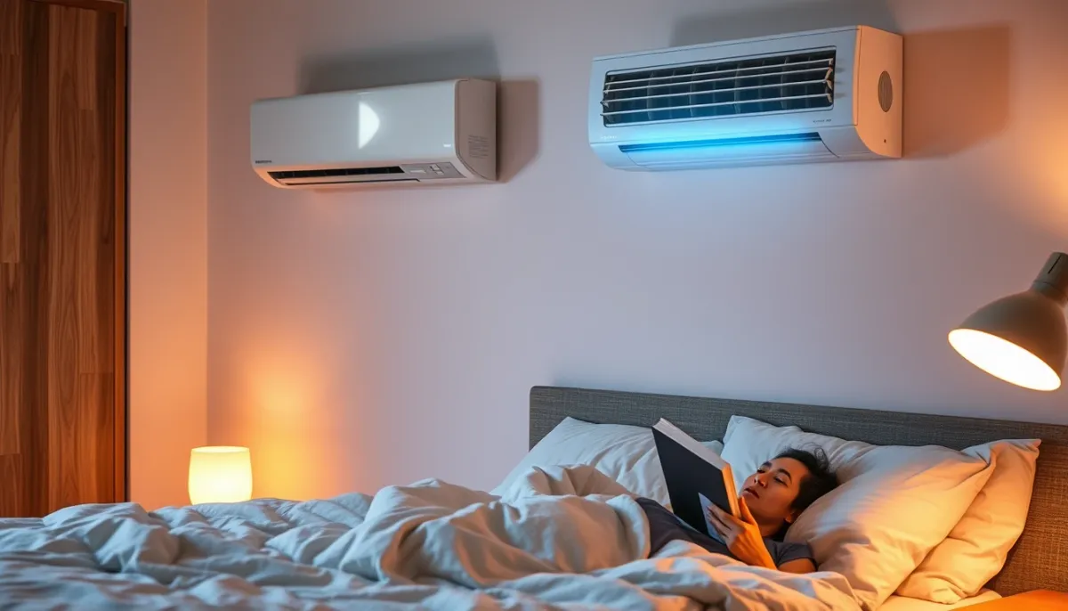 Chambre à coucher avec climatisation réversible en fonctionnement, offrant un confort doux en mi-saison