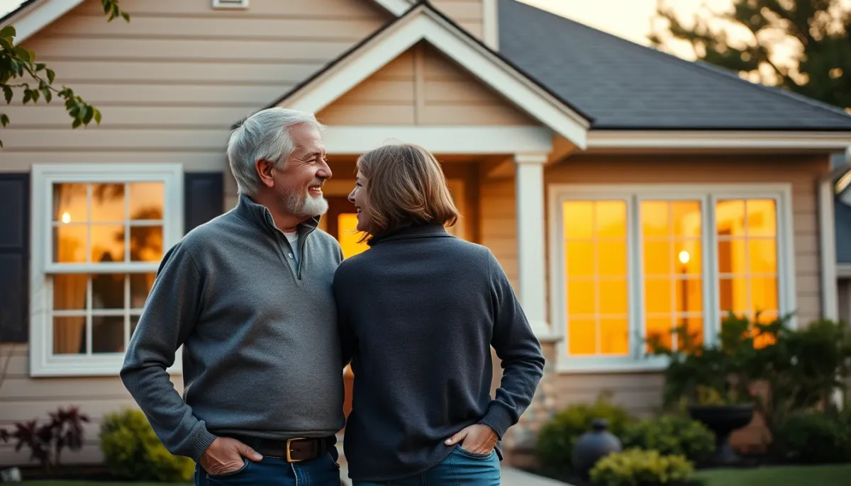 Propriétaires satisfaits devant leur maison sans unité extérieure de climatisation, illustrant les cas où cette solution convient