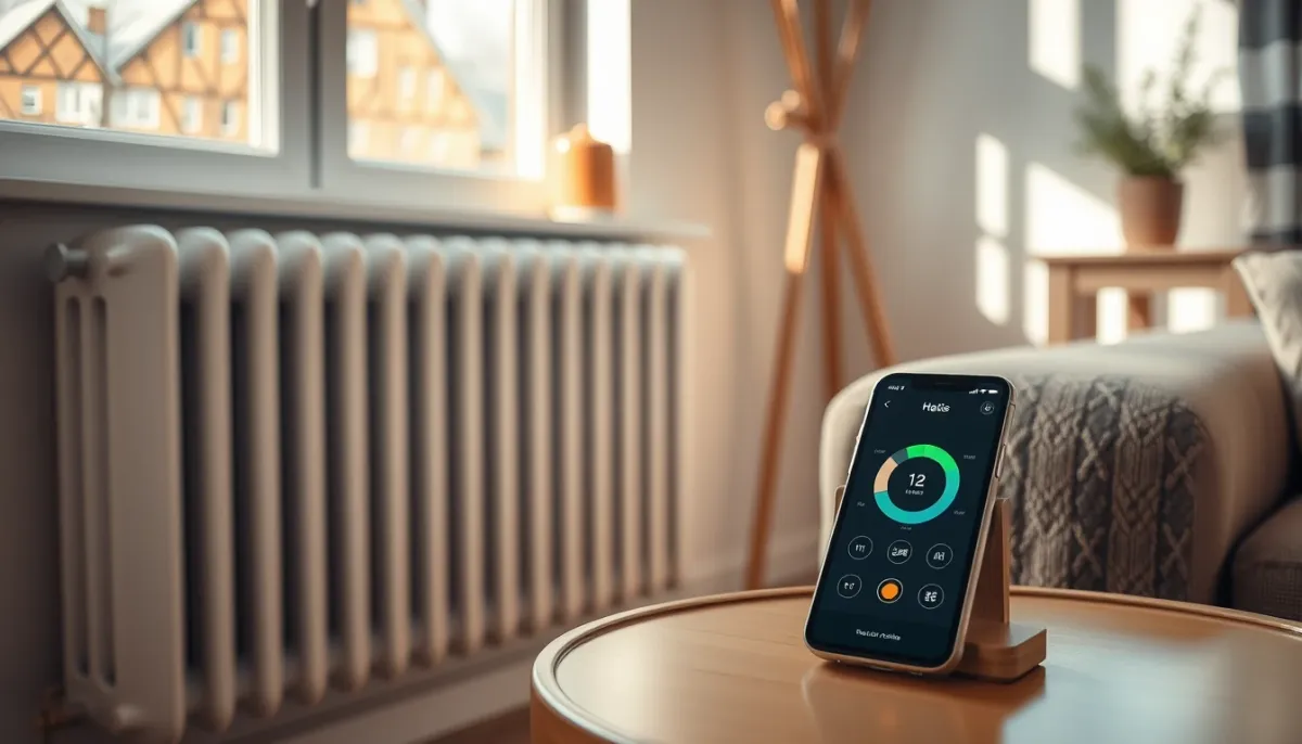 Salon confortable avec radiateur et application mobile de pilotage du chauffage