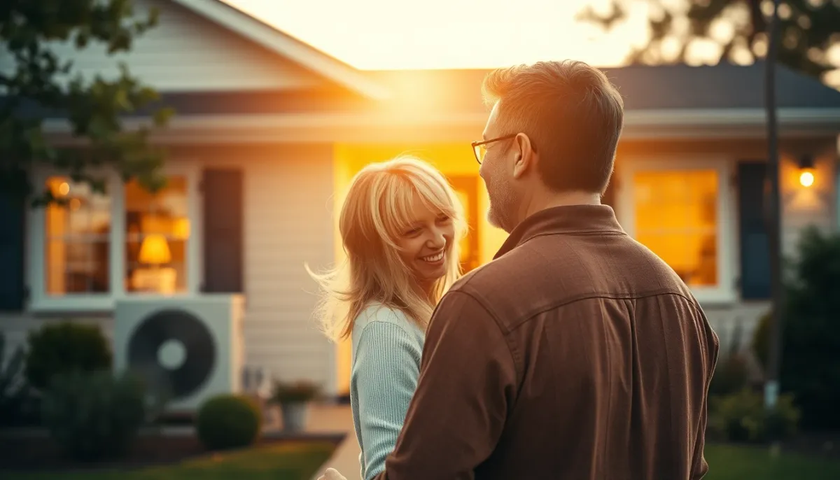 Couple devant sa maison équipée d'une pompe à chaleur