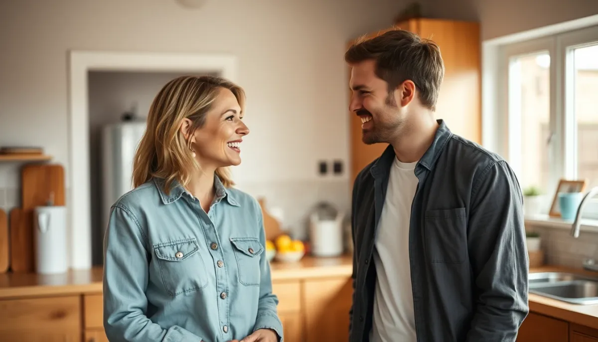 Couple souriant dans une cuisine moderne avec un chauffe-eau thermodynamique en arrière-plan