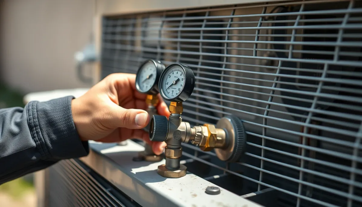 Technicien vérifiant les pressions du circuit frigorifique d'une unité extérieure de climatisation