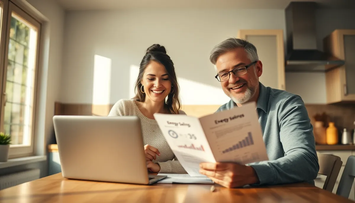 Couple consultant des documents sur les économies d'énergie après installation d'une PAC